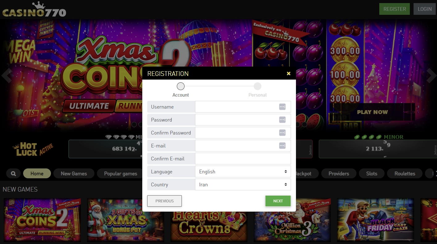 Aperçu du formulaire d'inscription 770 Casino